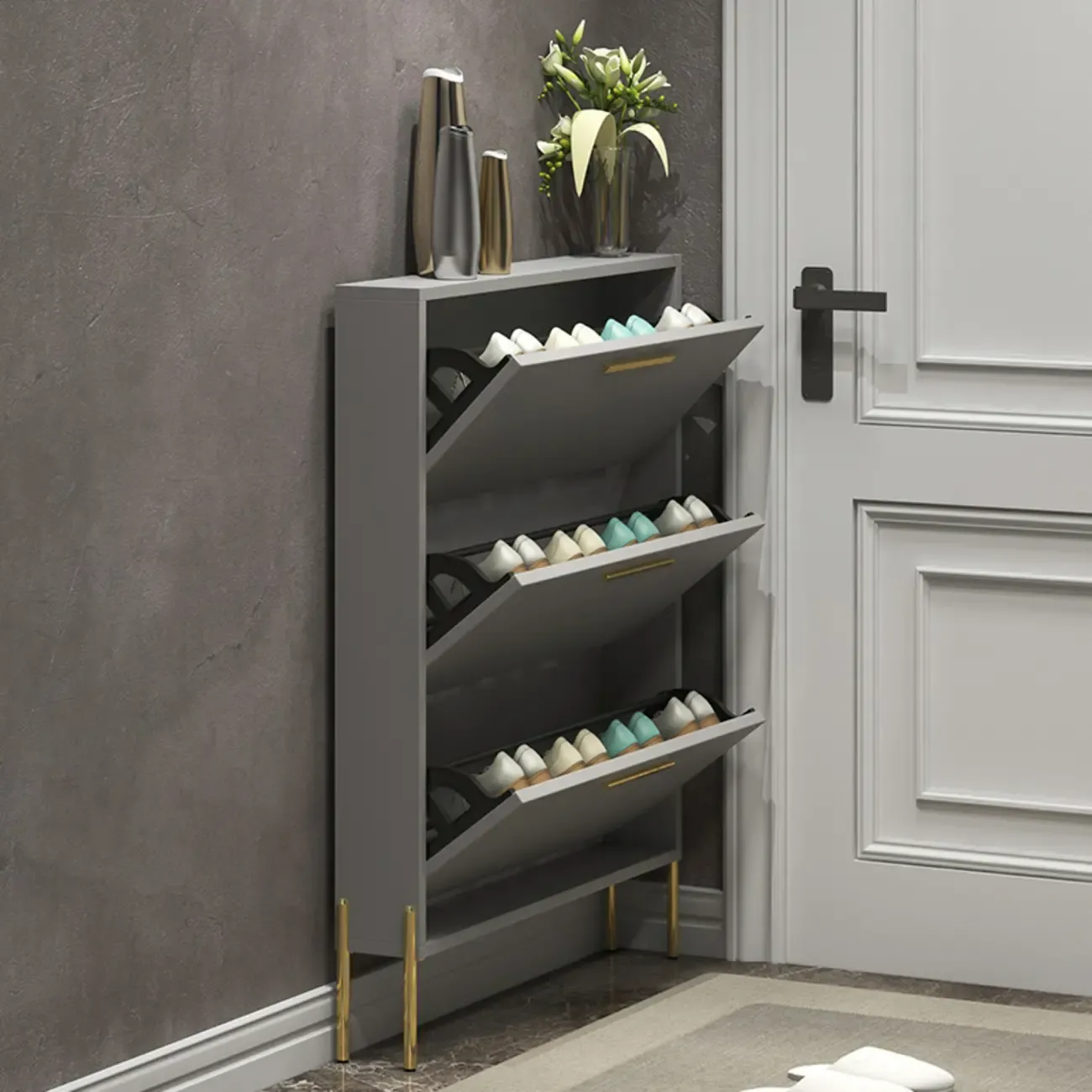 3-Tier Narrow Dark Gray Drop-Front Wood Shoe Cabinet
