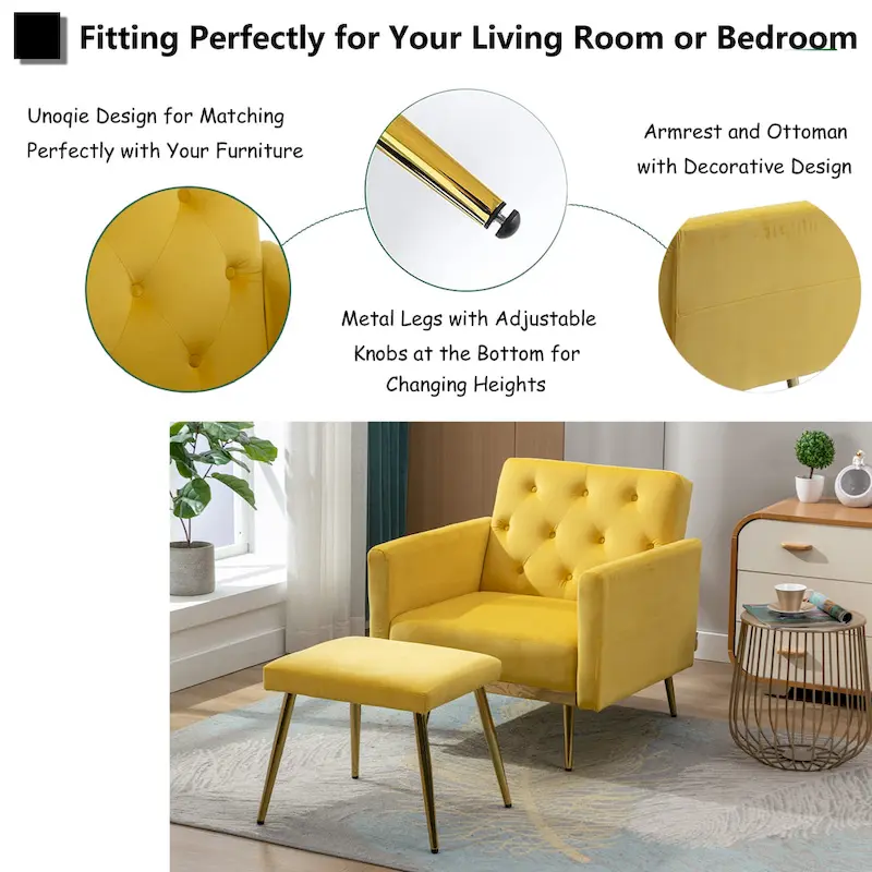 HOMEFUN Velvet Tufted Adjustable Armrests and Backrest Armchair with Ottoman