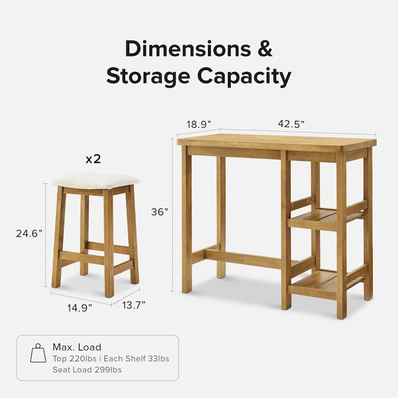 Mopio Kelly Solid Wood Counter Table Set with 2 Boucle stools, 3-piece Dining Set, Small Kitchen Island with Storage Shelves