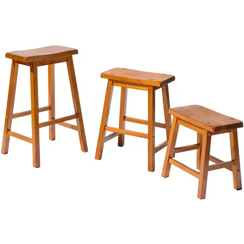 Distressed Wooden Saddle Stools, Set of 2 — Oak / Black / Brown