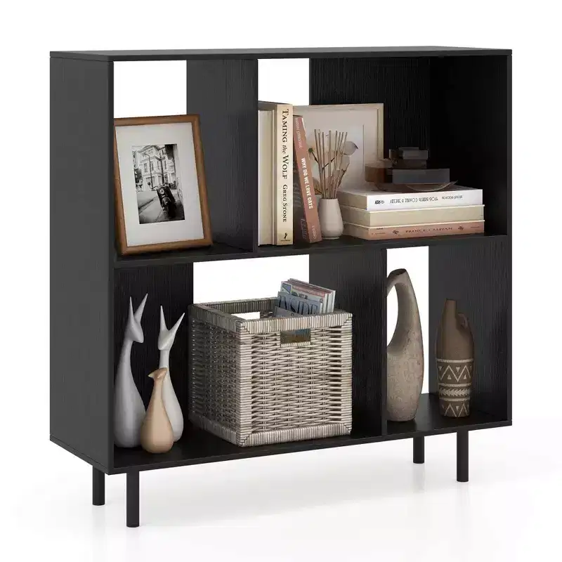 Black/Natural/White Mid-Century Modern 4-Cube Open Bookshelf, Single