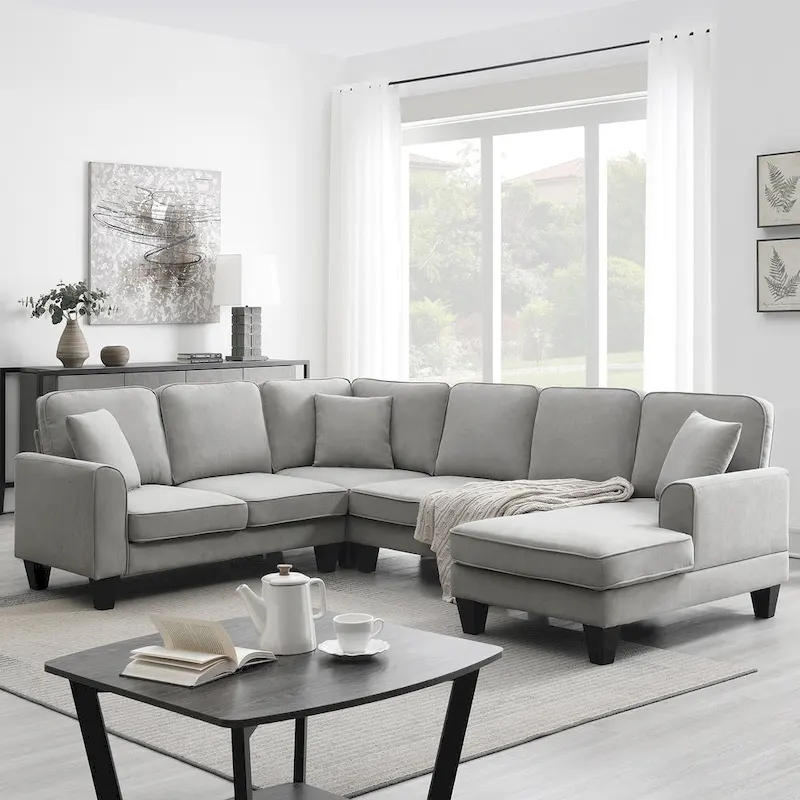 Grey 108 Spacious U-Shaped 7-Seater Sofa Set with 3 Pillows and Chaise, Ideal for Living Room or Apartment