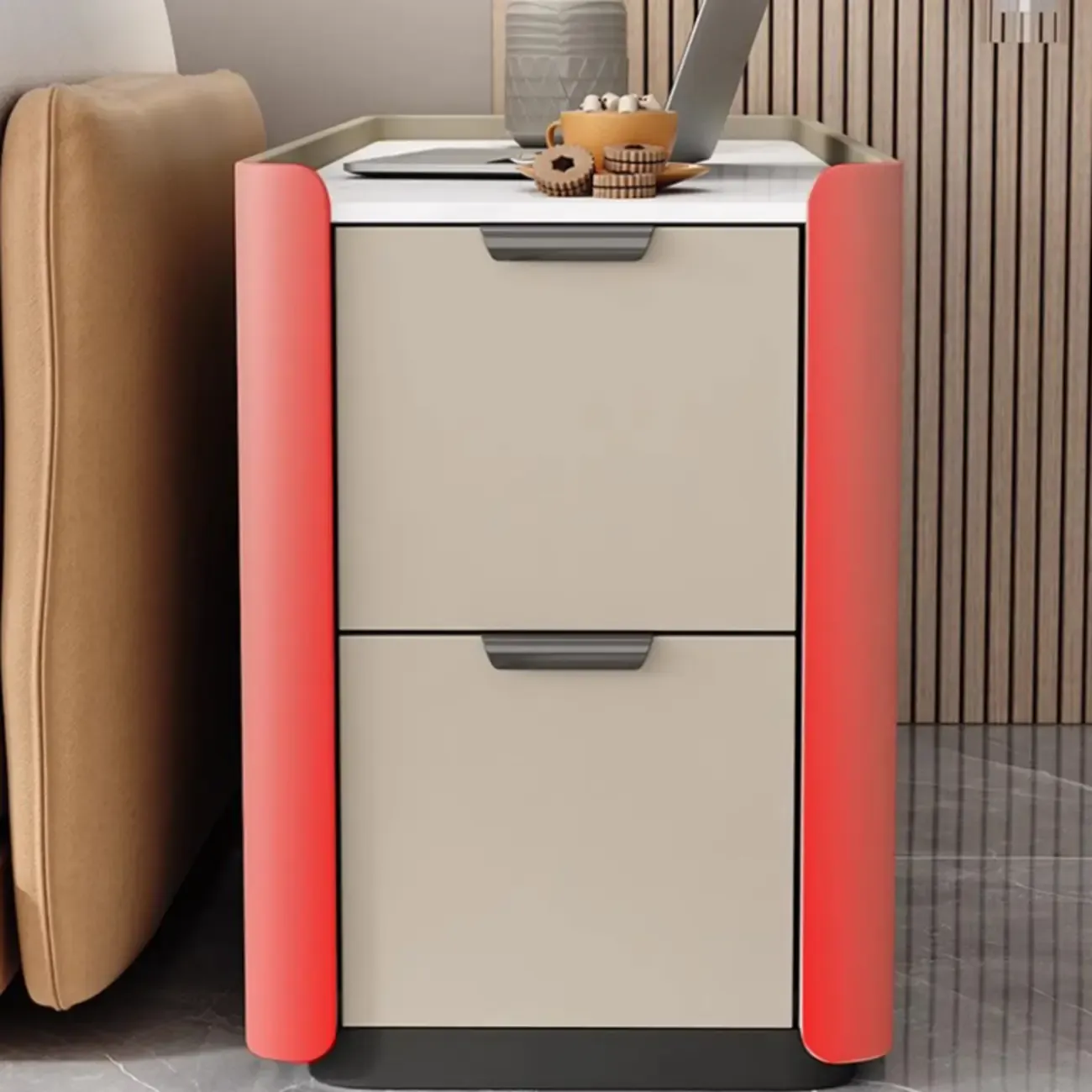 Compact Khaki Stone Top 2-Drawer Wood Block Side Table