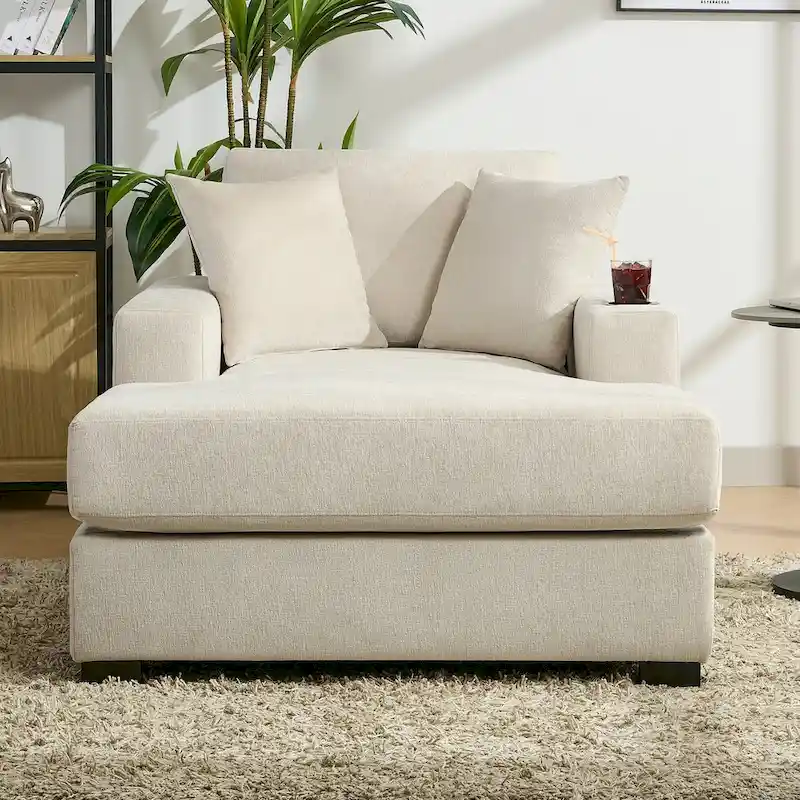 43.5 Chenille Fabric Chaise Lounger Sofa Couch with Pillows, Charge Station & Cup Holders