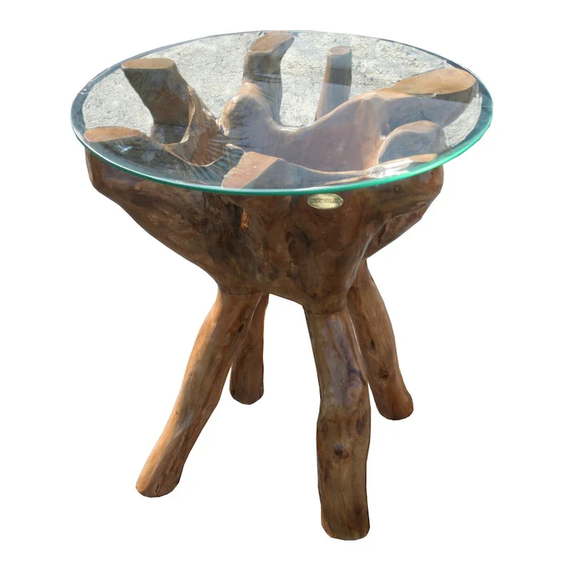 24-Inch Rustic Teak Wood Root Side Table with Round Glass Top, Handmade, Lacquer Finish, One-of-a-Kind