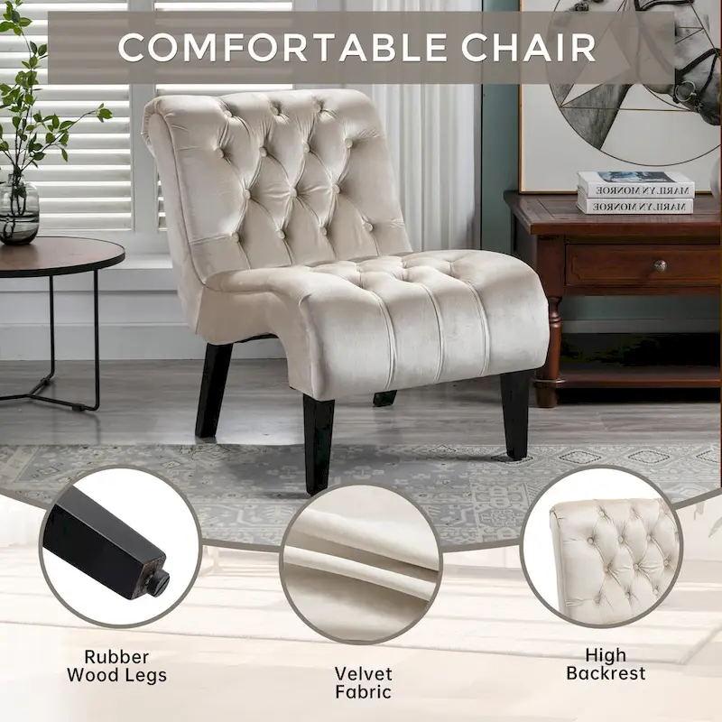 Beige Velvet Accent Chair with Button Tufting and Wooden Legs
