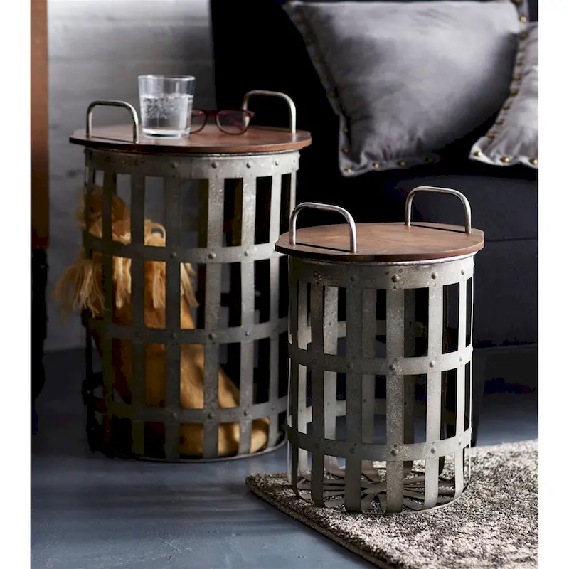Metal and Wood Side Basket Tables (Set of 2)