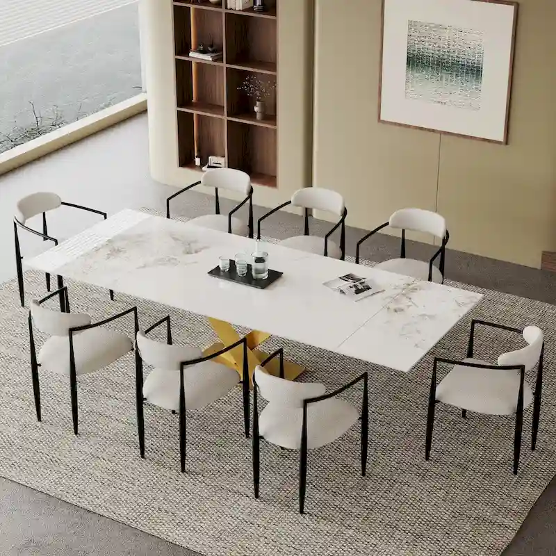 9-Piece Extendable Sintered Stone Dining Set with 8 Fabric Chairs - 94.48
