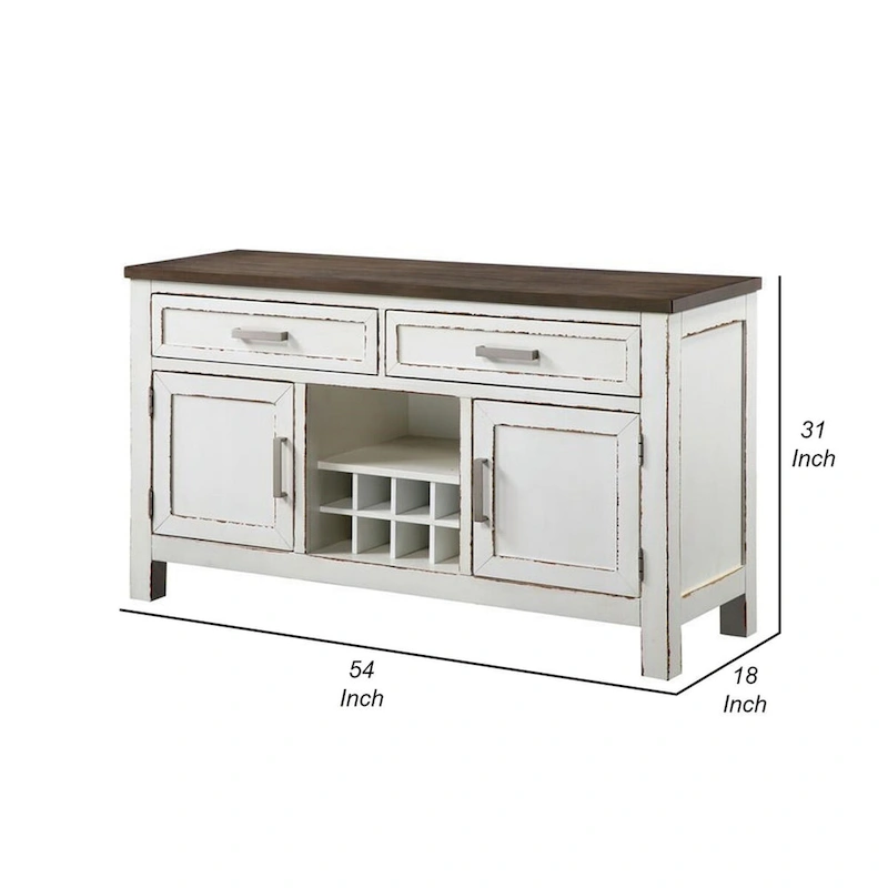 Ben 54 Inch Buffet Server, Brown Top, 2 Drawers, Wine Rack, Weathered White