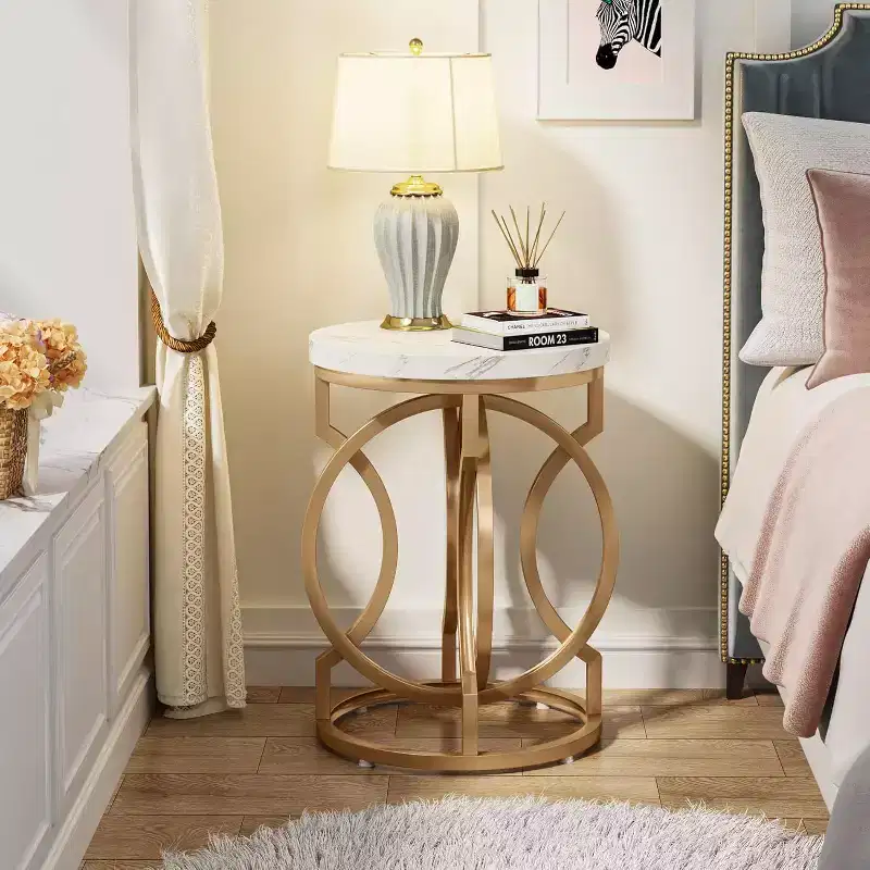 Round End Table – Faux Marble Top, O-Shaped Metal Base, White, 19.7x25.6 in
