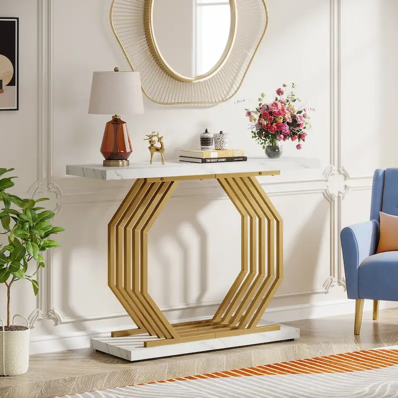 39.37  Gold Console Table, Modern White Marble Sofa Table with Geometric Metal Base