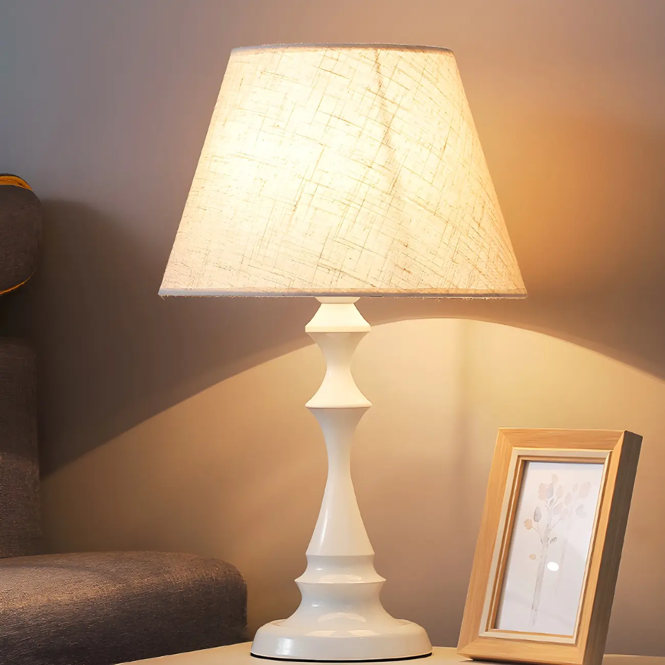 Vintage LED Table Lamp with Fabric Shade, Black Metal Base