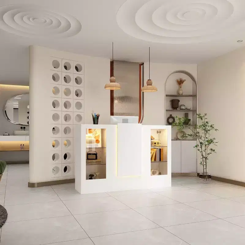 White Reception Desk Counter Table with Glass Display Shelves and LED