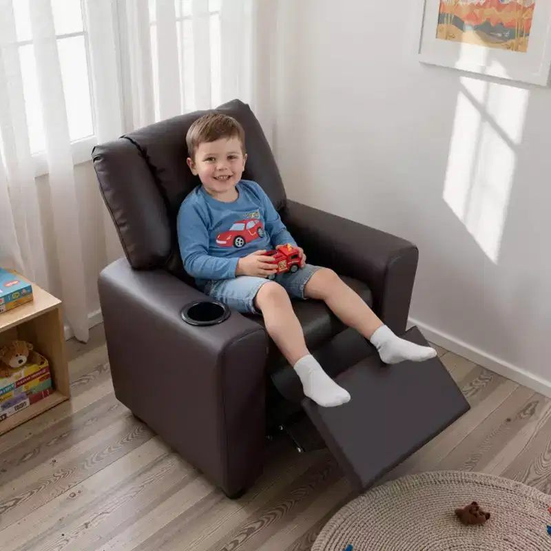 Kids Recliner Chair with Cup Holder – Beige / Black / Brown / Pink, Push-Back Style, 1-Seat