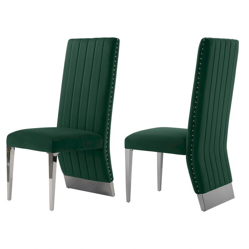 Modern Channel High Back Dining Chairs with Nailhead Trims and Polished Metal Legs