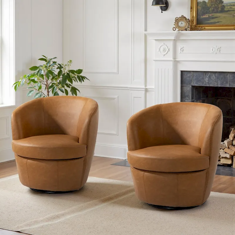 Modern Swivel Leather Accent Chair Upholstered Barrel Chair