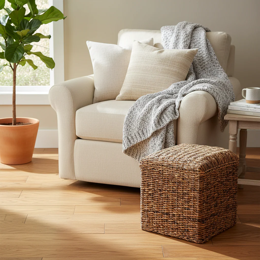 Square Hand-Woven Abaca Ottoman with Cushioned Top – Brown, Wicker, Single