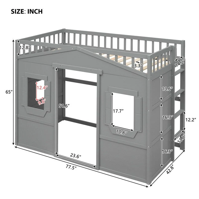 House Loft Bed Twin Kids Playhouse Bed, Solid Wood Loft Bed Frame with Window and Ladder