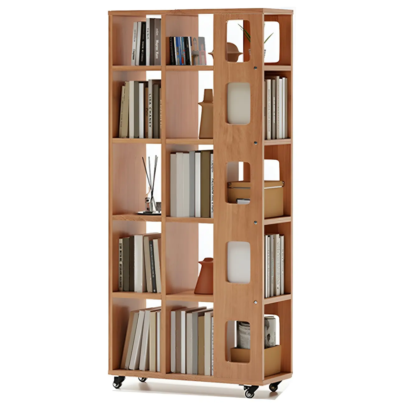 Mid-Century Nut-Brown Wood 5-Tier Bookcase on Wheels