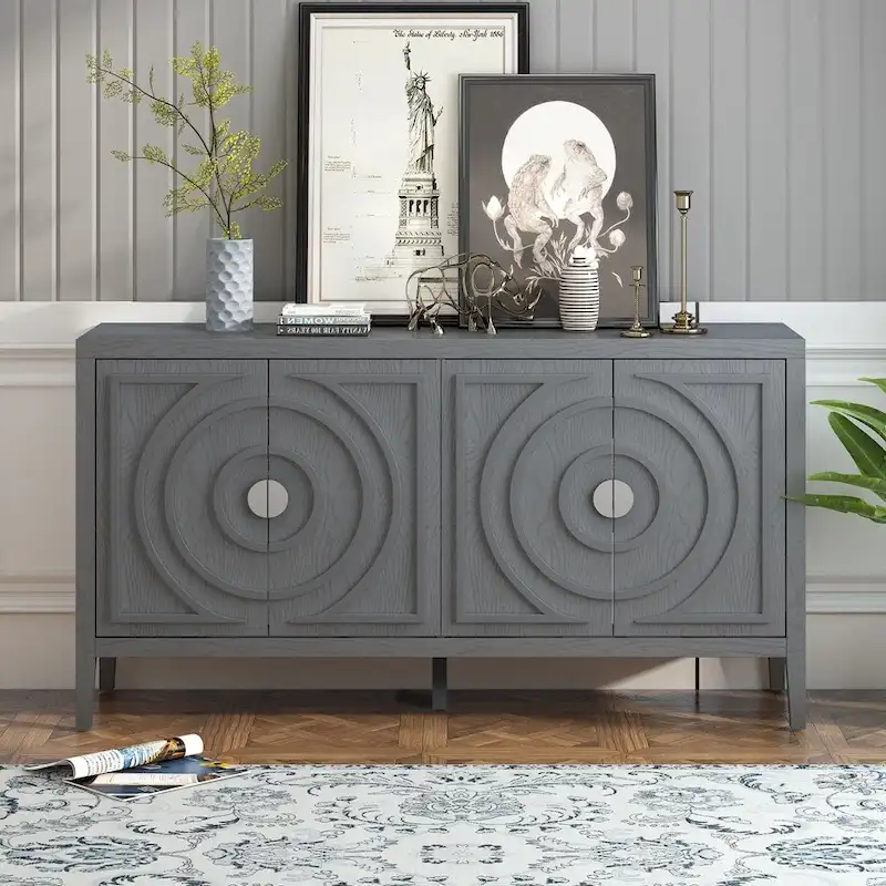 Retro Sideboard with Circular Groove Design Metal Handle