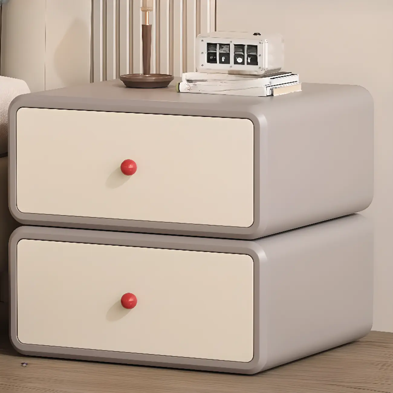 Art Deco Wood Faux Leather Red-Ball Pulls 2-Drawer Nightstand