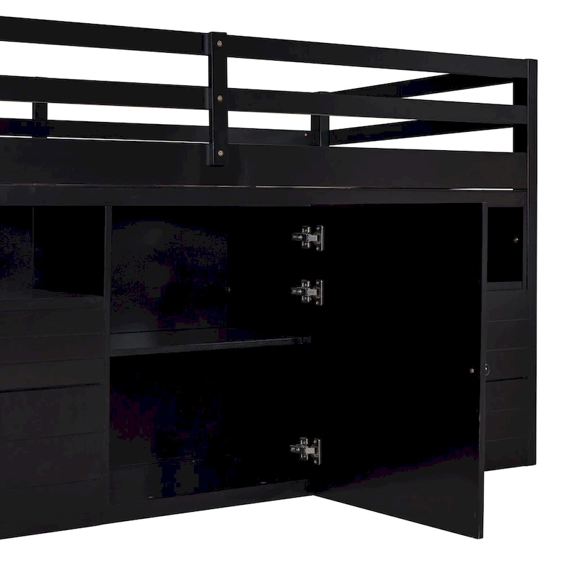 Espresso Twin Solid Wood Loft Bed with Drawers & Cabinet