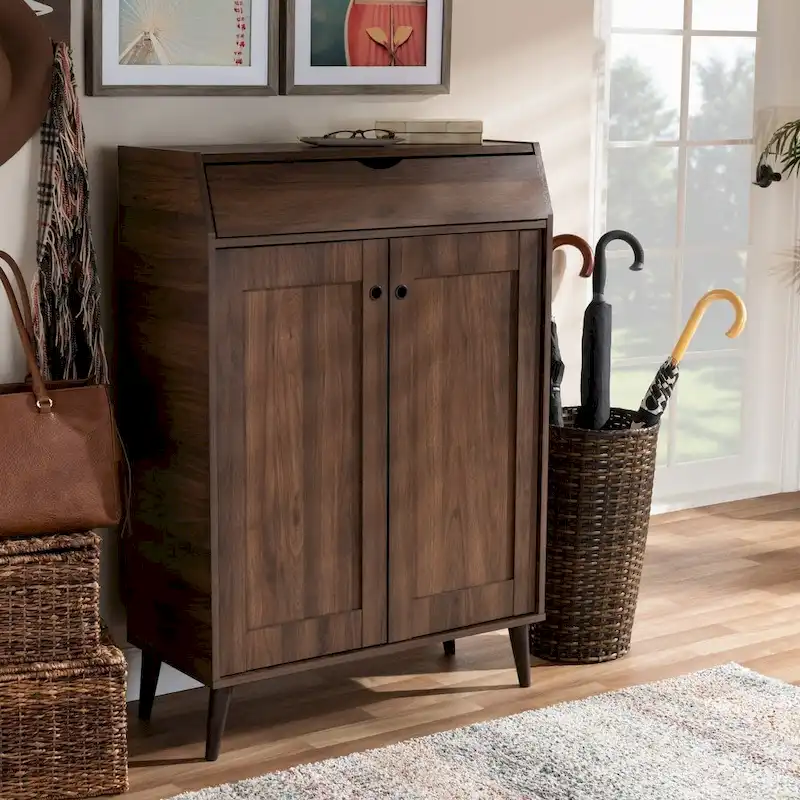 Mid-Century Walnut Brown 2-Door Shoe Storage Cabinet