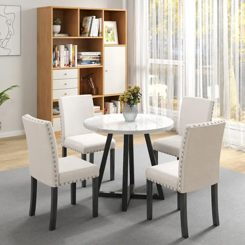 Five-piece dining room set with imitation marble table top,solid wood,space-saving kitchen and dining room combination furniture