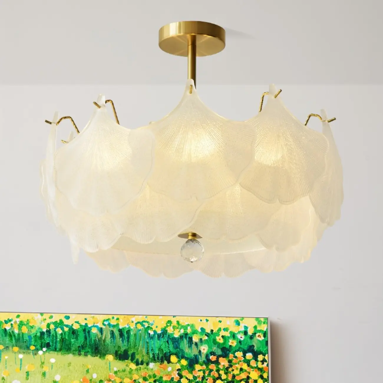 Elegant Gold Glass Leaf Semi Flush Mount Ceiling Light