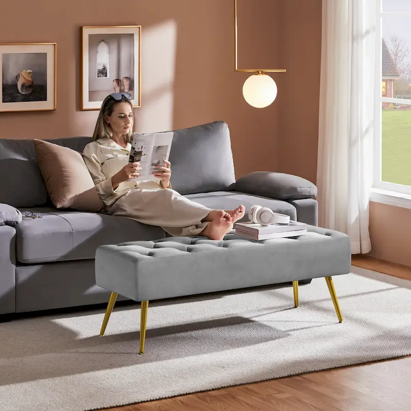 Yaheetech Upholstered Footstool Velvet Ottoman Button-Tufted Table Bench - 45 16 17