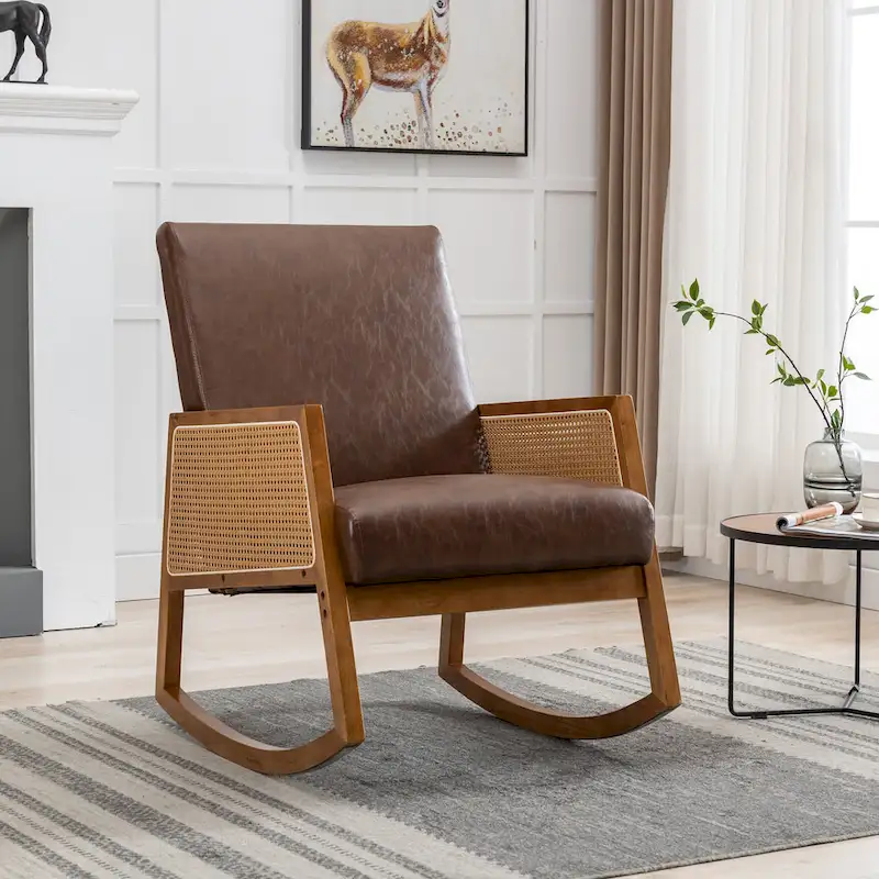 Modern PU Leather Rocking Chair with Rattan Arms