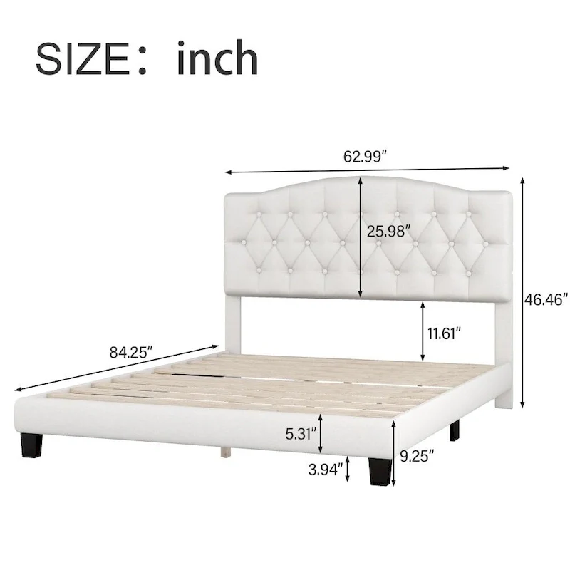 Upholstered Platform Bed with Saddle Curved Headboard and Diamond Tufted Details, Beige