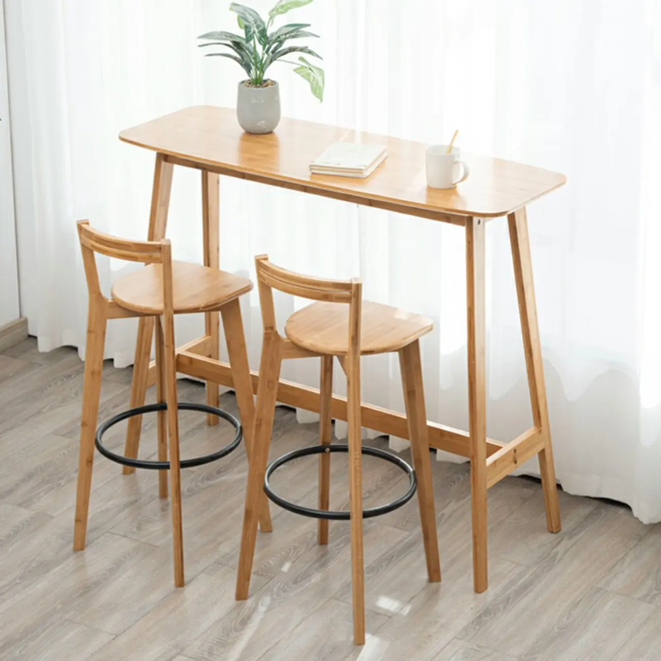 Simple Brown Bamboo 4-Leg Trestle Bar Tables