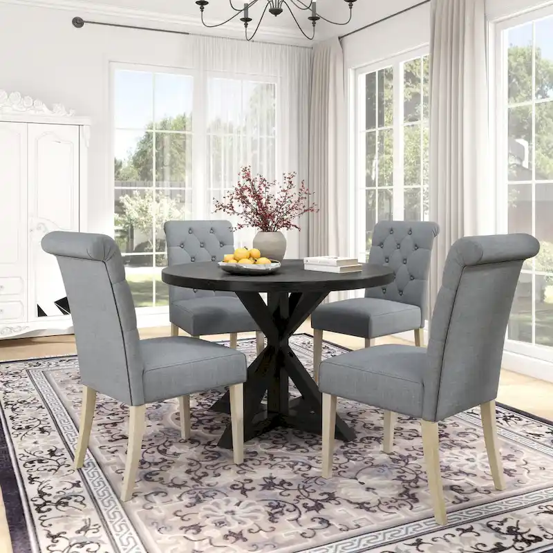 Roundhill Furniture Banff 5-Piece Round Dining Set, Cross-Buck Round Table with 4 Tufted Chairs