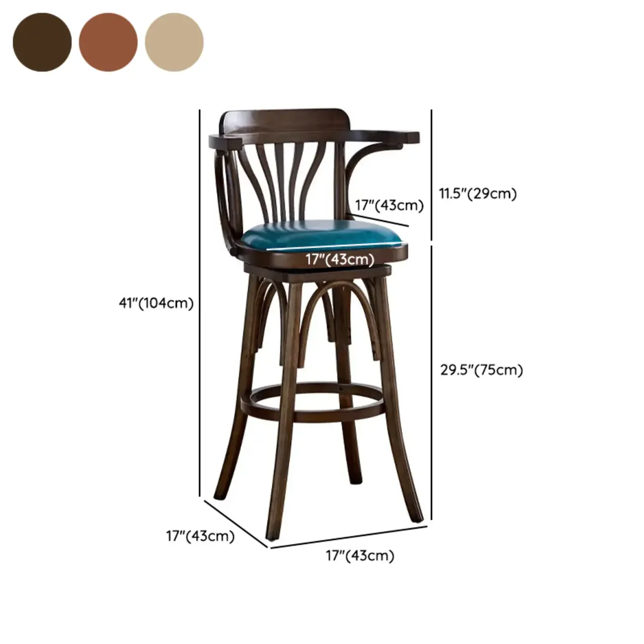 Antique Blue Leather Upholstered Rotatable Bar Stool