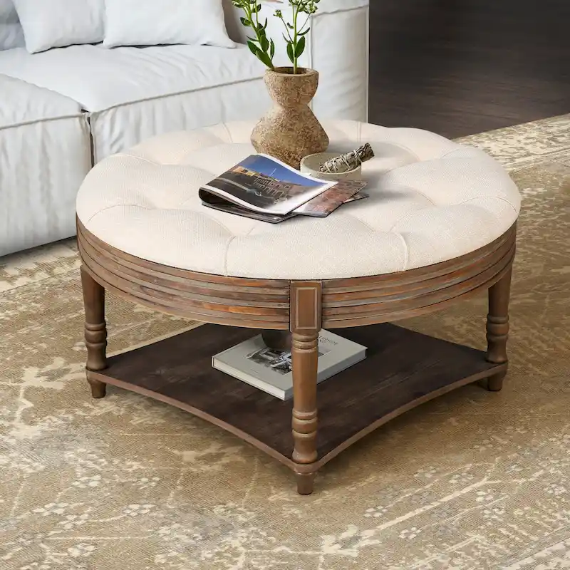 Large Round WaterProof Ottoman Coffee Table 2 Tier Oversized Button Tufted Ottoman with Wooden Upholstered Coffee Table
