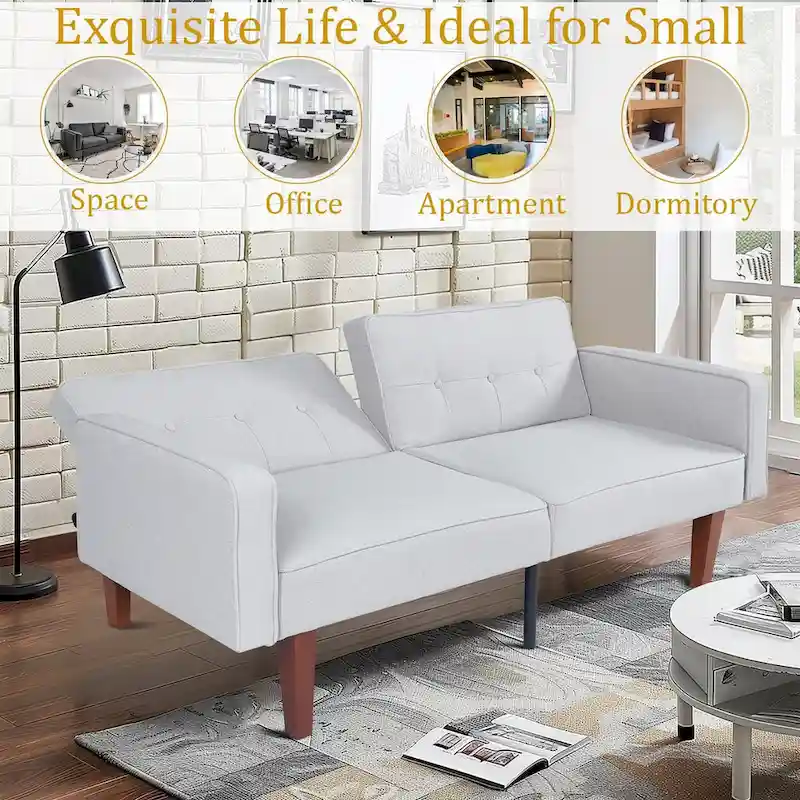 68 in. Soft Convertible Sofa Bed with Adjustable Backrest and Solid Wood Legs