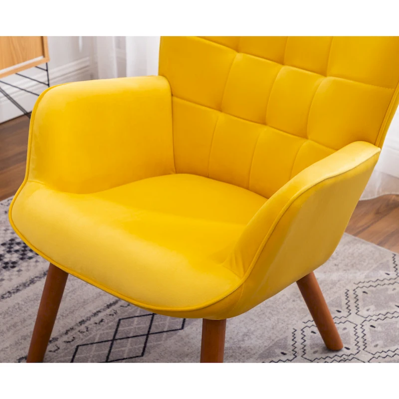 Yellow Modern 33 Polyester Button Tufted Accent Chair with Ottoman and Tapering Wood Dowel Legs