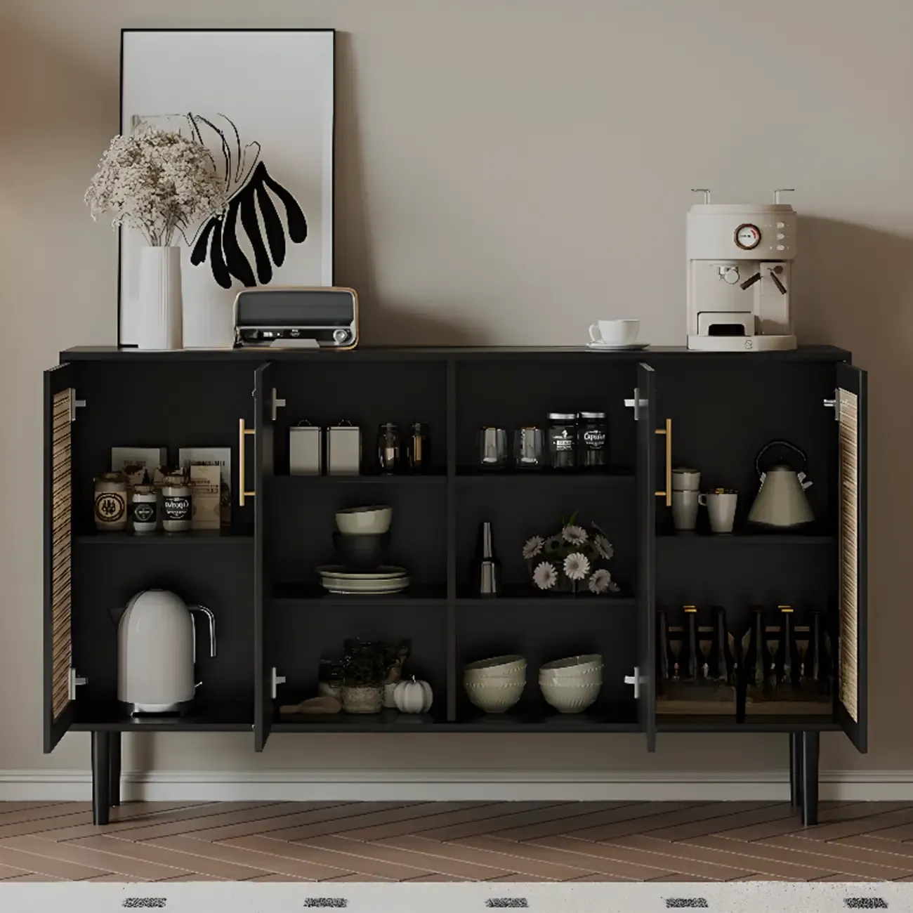 Modern Ink Wood Slab Buffet with Adjustable Shelving