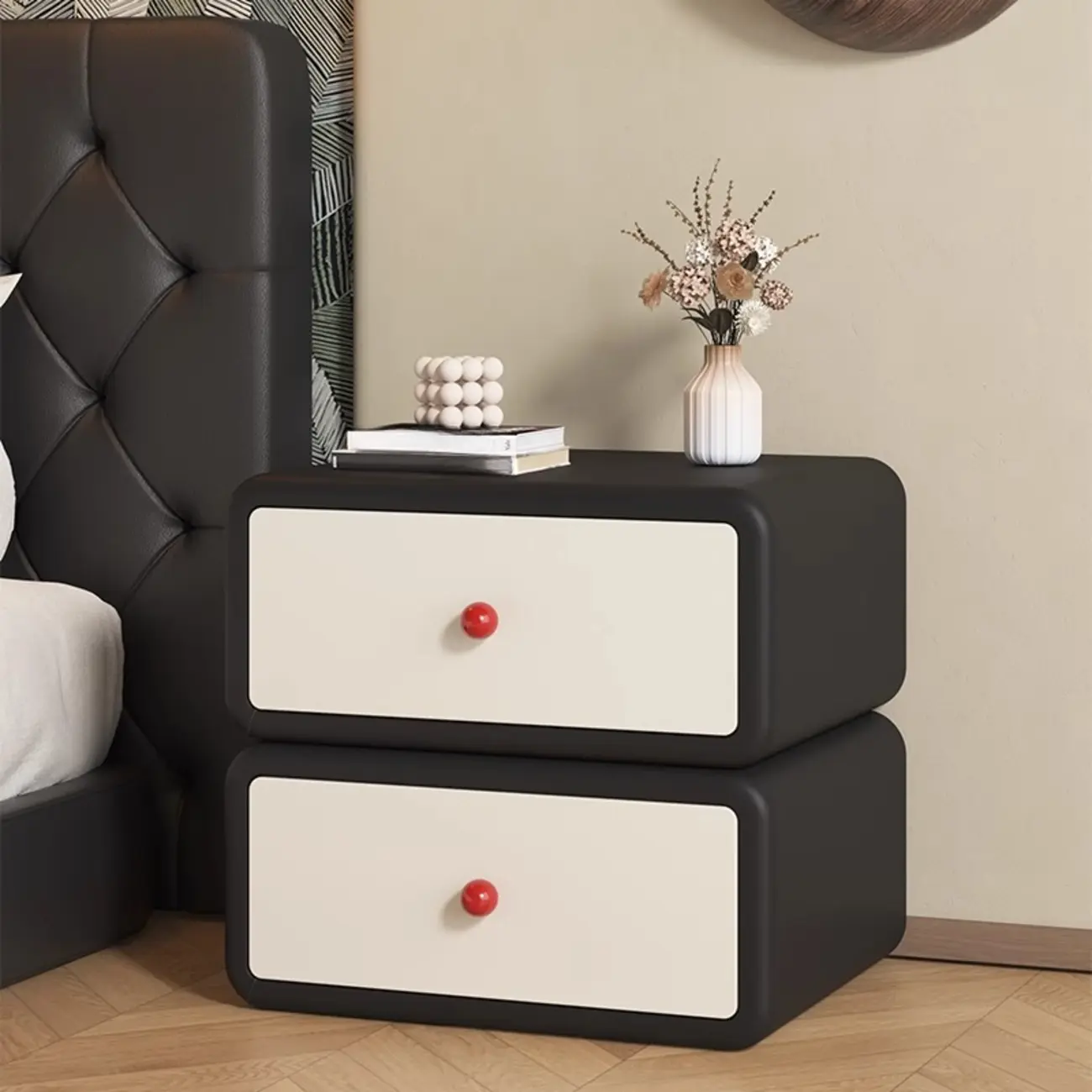 Art Deco Wood Faux Leather Red-Ball Pulls 2-Drawer Nightstand