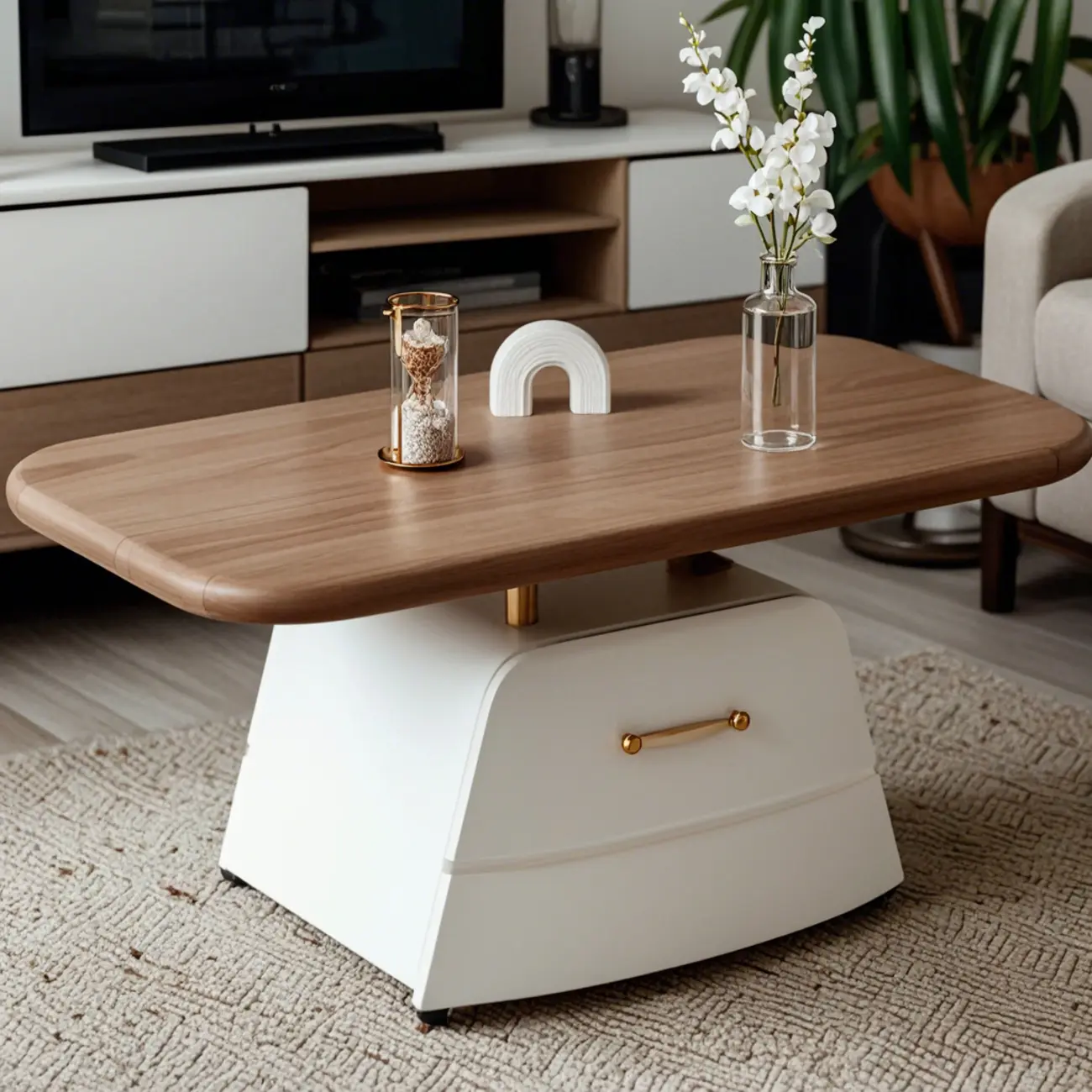 Brown White Wood Lift Top Coffee Table with Wheels