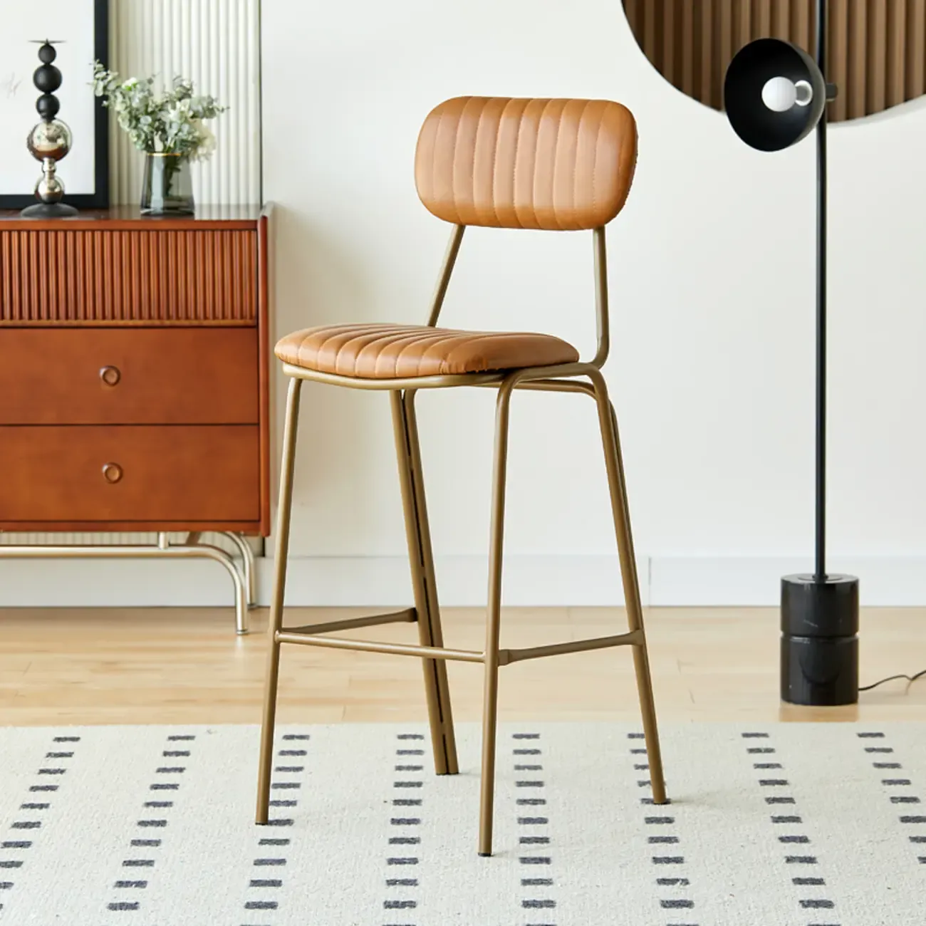 Mid Century Modern Leather Gold Frame Bar Stools with Backs