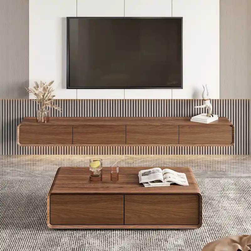 Floating TV Stand, Modern Wall-Mounted Entertainment Center with 3/4 Drawers, Solid Wood,Fully-Assembled
