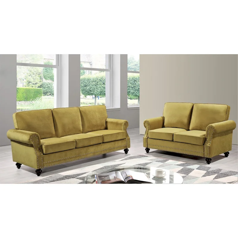 Suffield Velvet Nailhead 2-Piece Set-Loveseat & Sofa