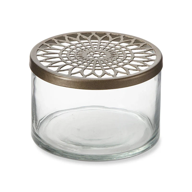 Girasol Flower Frog Clear Glass Cylinder Vase Small Antique Bronze Lid, 5.0L x 5.0W x 3.25H