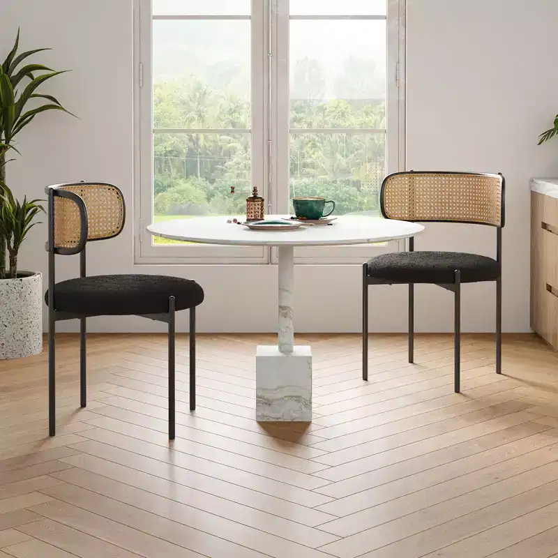 PexFix 2Pcs Modern Upholstered Dining Chairs Rattan Back Dining Room Chairs Accent Kitchen Chairs with Metal Legs Black