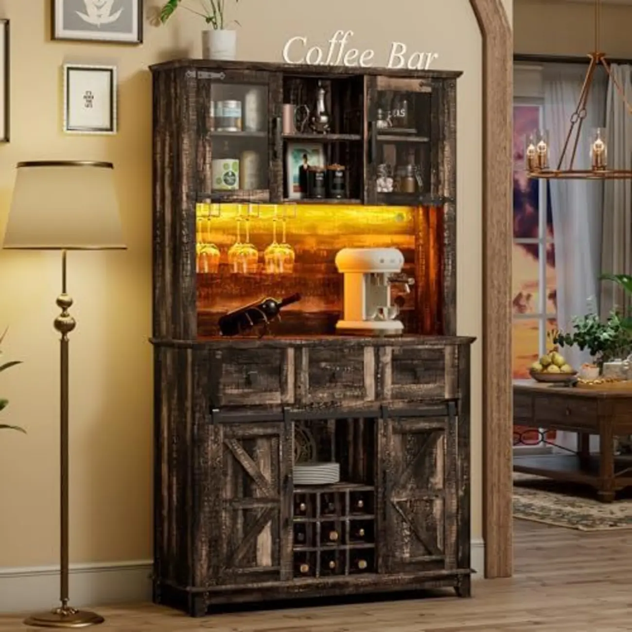 Led Lights Farmhouse Style Large Capacity Wine Cabinet