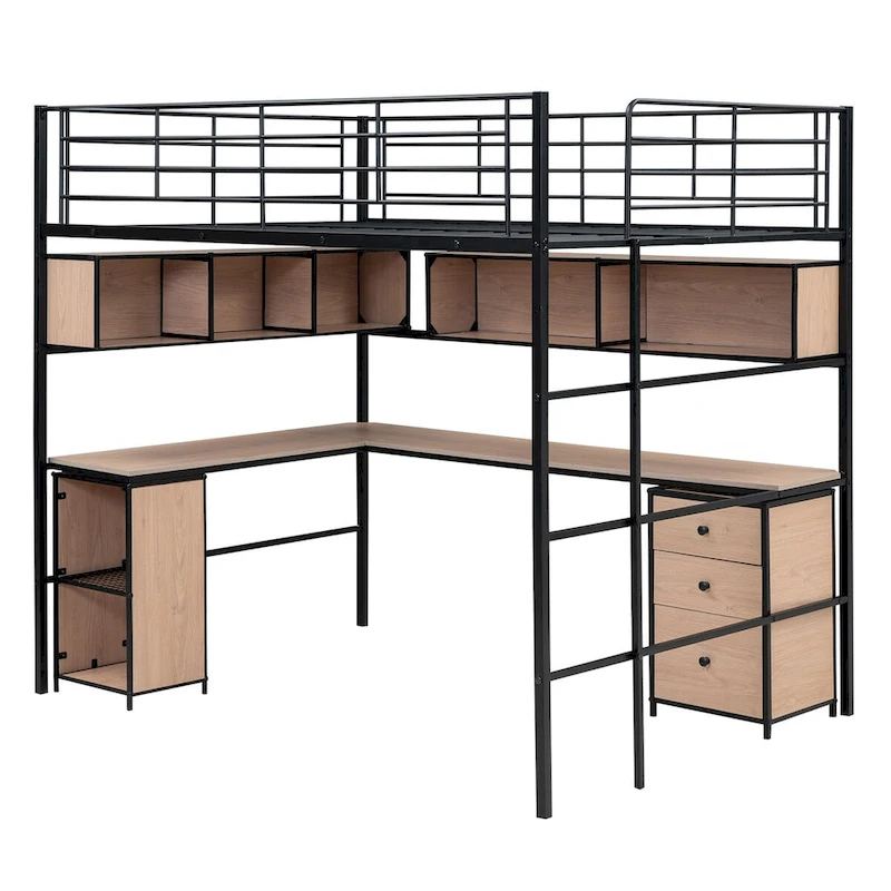 Full Size Metal Loft Bed with Bookcase, Built in Desk and Cabinet