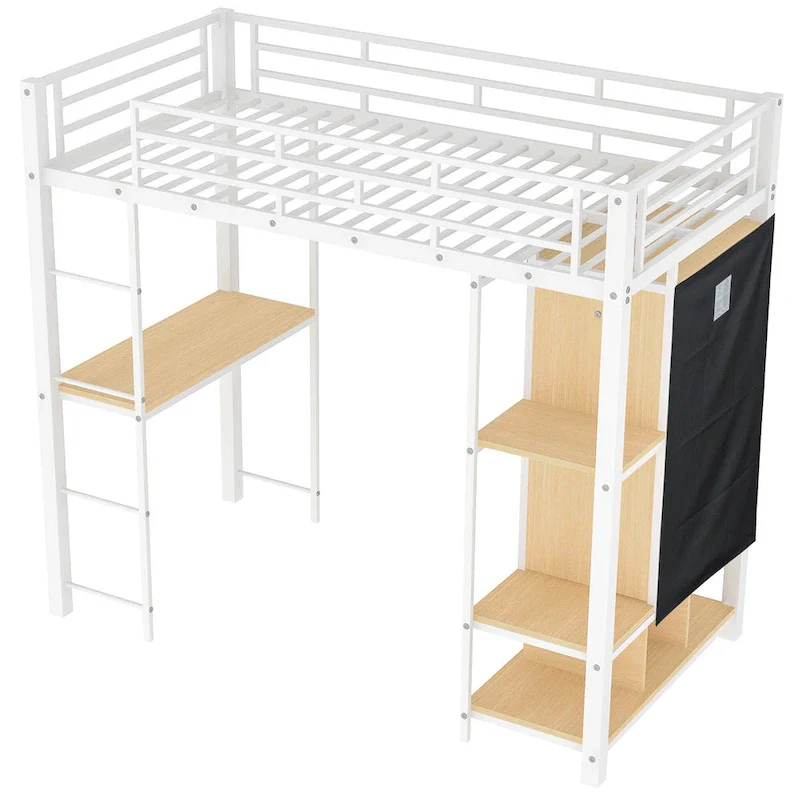 Twin Metal Loft Bed with Built-in Wardrobe & Desk