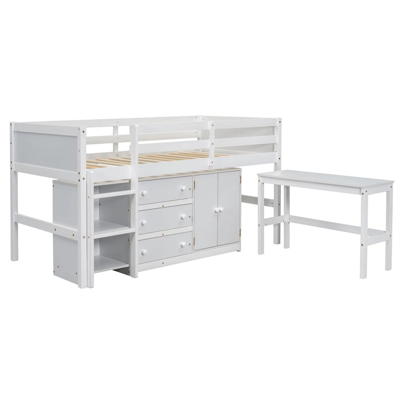 White Twin Wood Low Loft Bed with Pull-Out Desk & Drawers